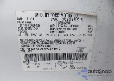 2015 Ford Explorer Xlt из США, поврежденный, VIN 1FM5K8D84FGB41910